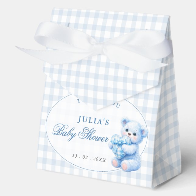 Blue Gingham Teddy Bear Neutral Baby Shower Geschenkschachtel (Vorderseite)