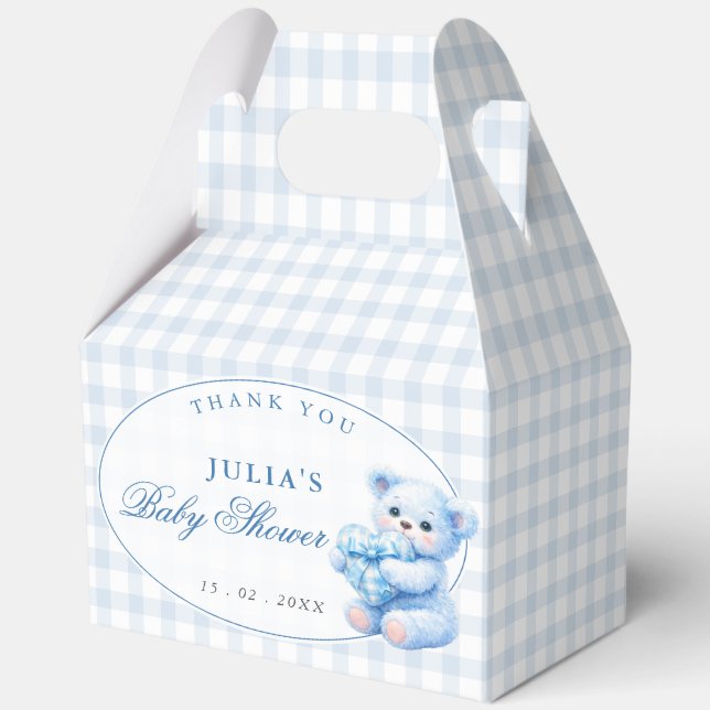 Blue Gingham Teddy Bear Neutral Baby Shower Geschenkschachtel (Vorderseite)