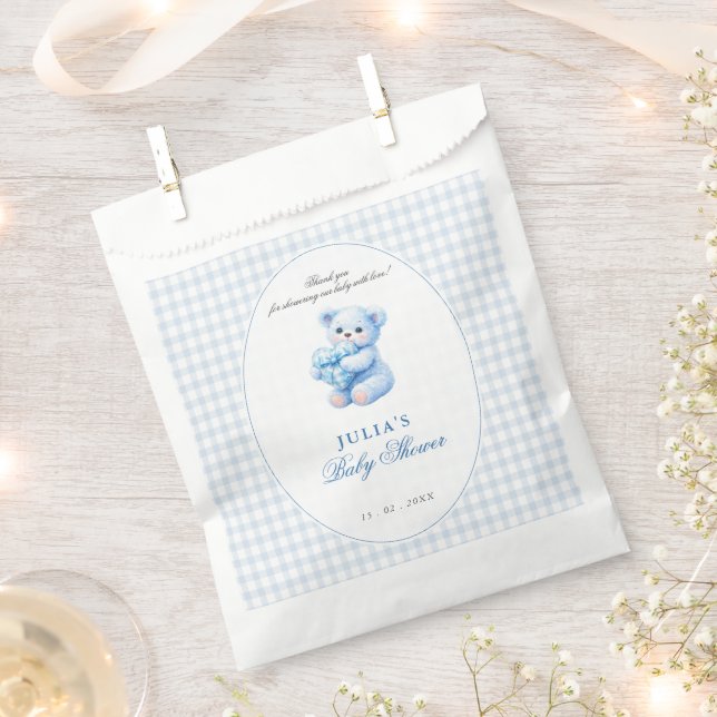 Blue Gingham Teddy Bear Neutral Baby Shower Geschenktütchen (Ausgeschnitten)