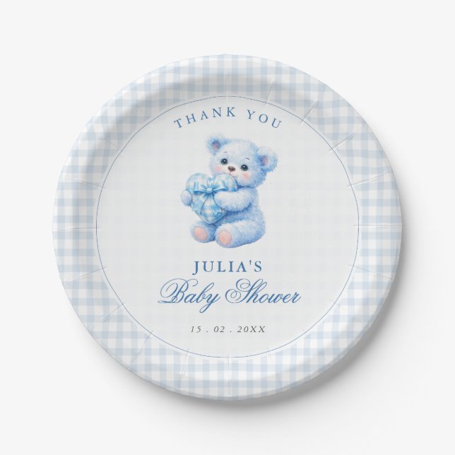 Blue Gingham Teddy Bear Neutral Baby Shower Pappteller (Vorderseite)