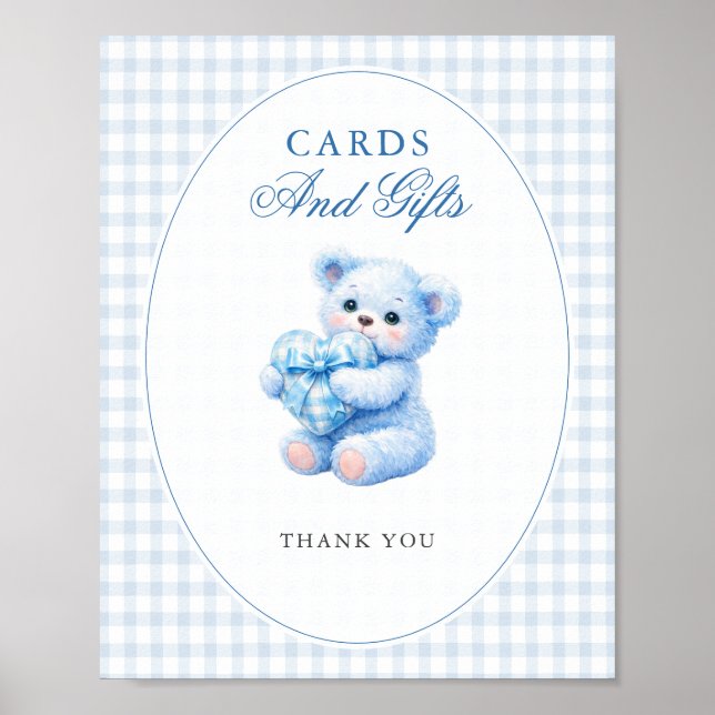 BLUE GINGHAM TEDDY BEAR NEUTRAL BABY SHOWER POSTER (Vorne)
