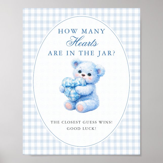 Blue Gingham Teddy Bear Neutral Baby Shower Poster (Vorne)