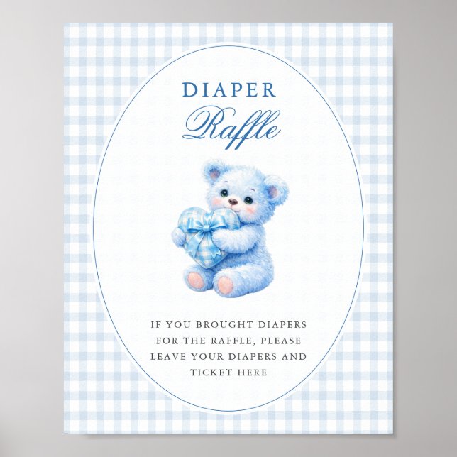 BLUE GINGHAM TEDDY BEAR NEUTRAL BABY SHOWER POSTER (Vorne)