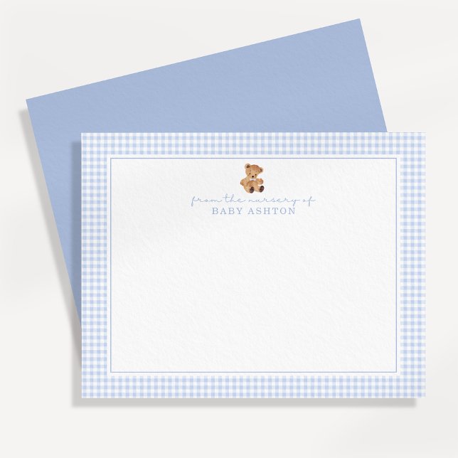 Blue Gingham Teddy Bear Nursery Note Card Ankündigung (Von Creator hochgeladen)