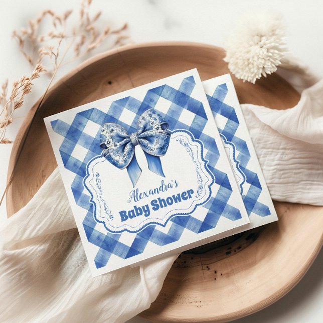 Blue Gingham und Bow Baby Shower Serviette (Von Creator hochgeladen)