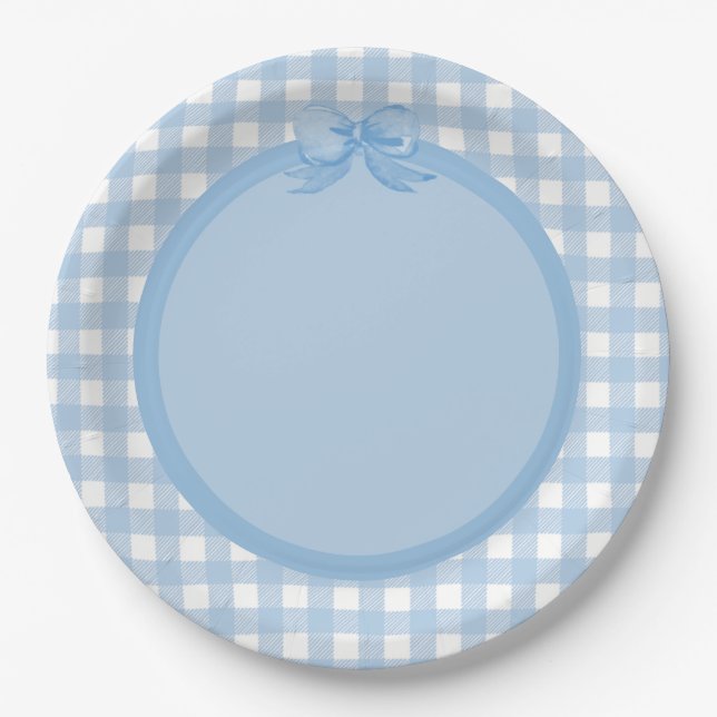 Blue Gingham und Bow Party Plate Pappteller (Vorderseite)