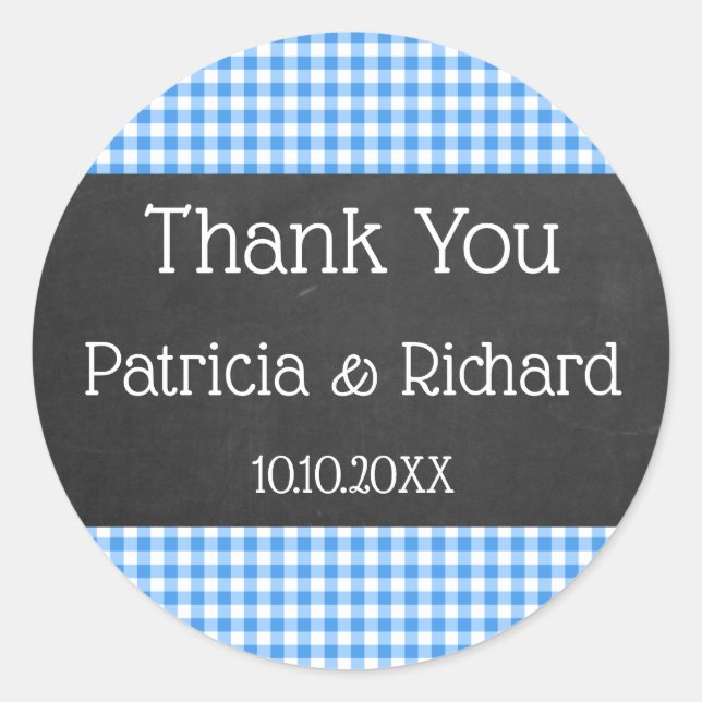 Blue Gingham und Chalkboard Wedding Vielen Dank Runder Aufkleber (Vorderseite)