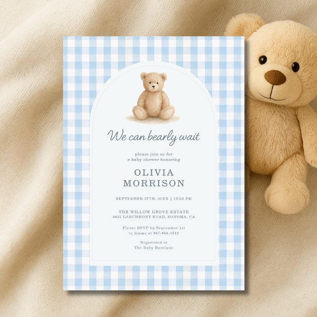 Blue Gingham We Can Bearly Wait Baby Shower Einladung (Von Creator hochgeladen)