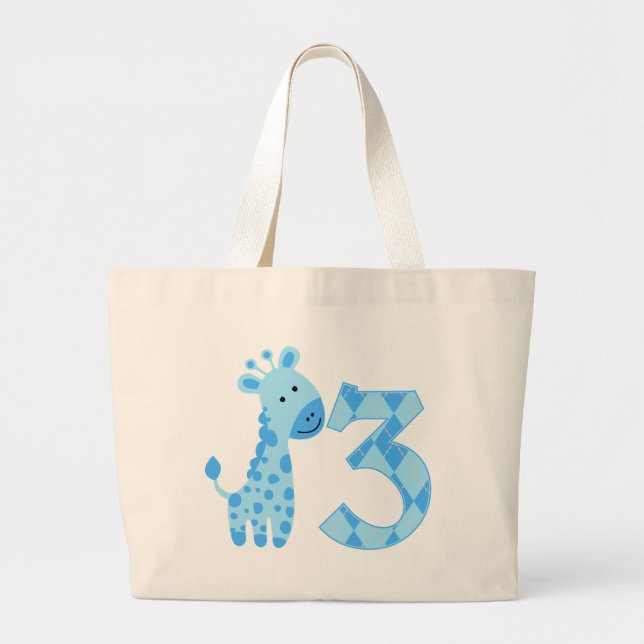 Blue Giraffe 3. Geburtstag Jumbo Stoffbeutel (Vorne)