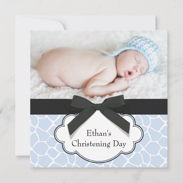 Blue Giraffe Baby Boy Foto Christening Einladung (Vorderseite)