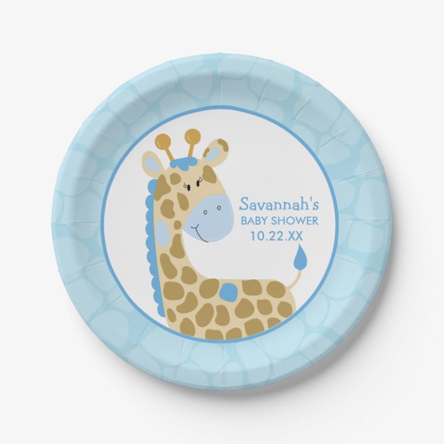 Blue Giraffe Baby Shower Paper Plate Pappteller (Vorderseite)