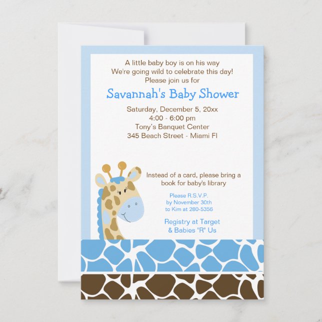 Blue Giraffe Boy Baby Showeinladung Einladung (Vorderseite)