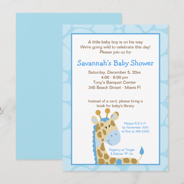 Blue Giraffe Boy Baby Shower Einladung (Vorne/Hinten)