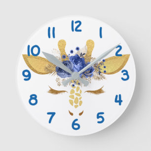 Blue Giraffe Face Number Kids Runde Wanduhr