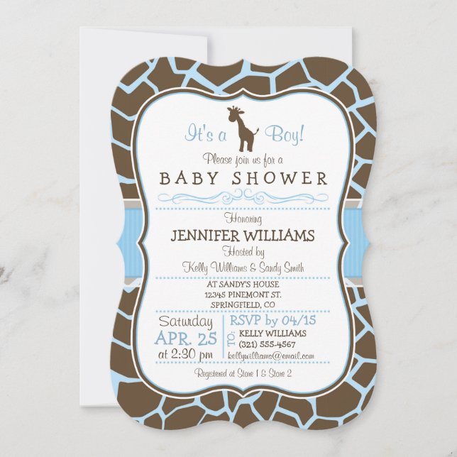 Blue Giraffe Print Boy Baby Shower Einladung (Vorderseite)
