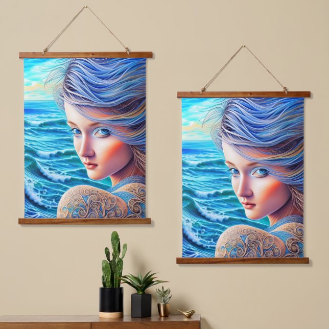 Blue Girl Ocean Waves Fantasy Fantastisches Kunstw Wandteppich Mit Holzrahmen (Asymmetrisch)