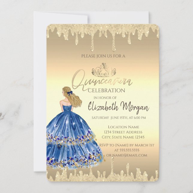 Blue Girl, Tiara, Glitzer Tropfen Gold Quinceañera Einladung (Vorderseite)