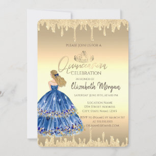 Blue Girl, Tiara, Glitzer Tropfen Gold Quinceañera Einladung