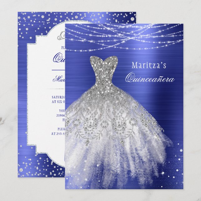 Blue Glam Diamond Sparkle Quinceañera Invitation (Devant / Derrière)