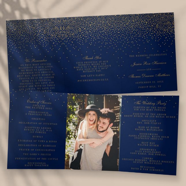 Blue & Glam Gold Confetti Wedding Collection Dreifach-gefaltete Programmkarte (Von Creator hochgeladen)