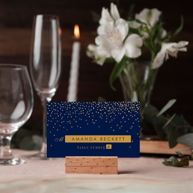 Blue & Glam Gold Confetti Wedding Escort Card Platzkarte (Von Creator hochgeladen)