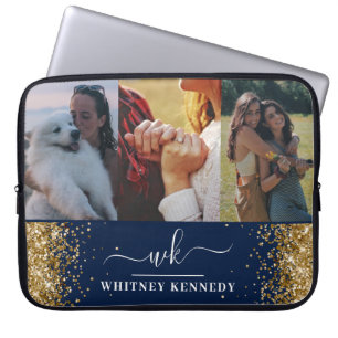 Blue Glam Gold Glitzer 3 Foto Collage Mit Monogram Laptopschutzhülle