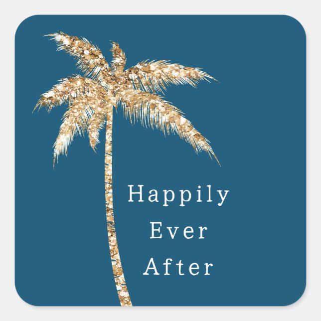 Blue Glam Gold Glitzer Palm Tree Quadratischer Aufkleber (Vorderseite)