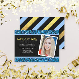 Blue Glitter Photo Graduation Party Invitation Einladung