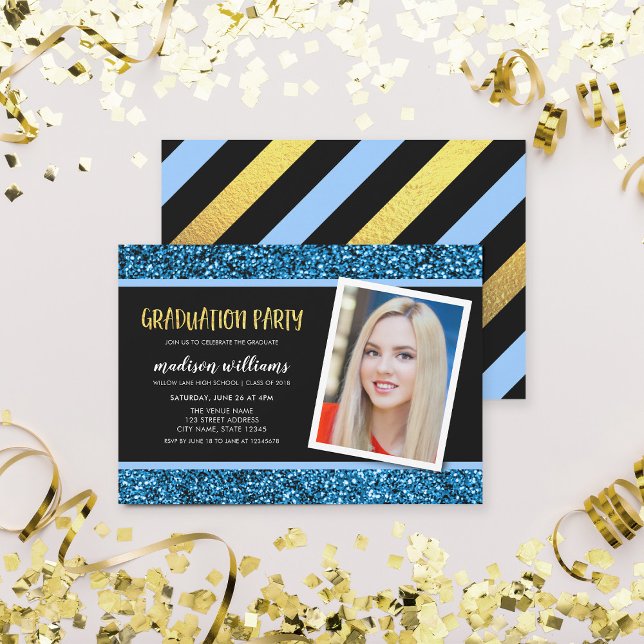 Blue Glitter Photo Graduation Party Invitation Einladung (Von Creator hochgeladen)
