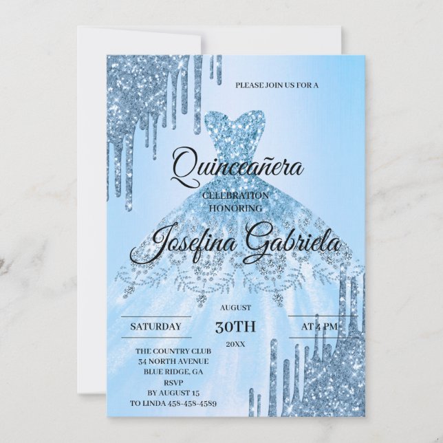 Blue Glitter Quinceañera Invitation (Devant)