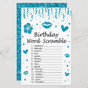 Blue Glitzer Birthday Word Scramble Game