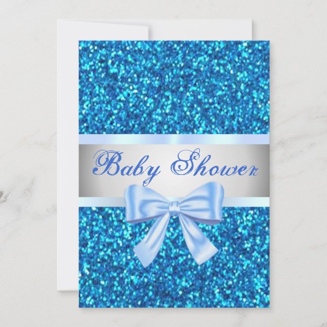 Blue Glitzer Blue Bow Baby Dusche Einladung (Vorderseite)