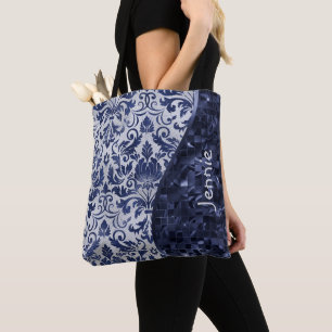 Blue Glitzer Damask Muster Glam Wave Personalisier Tasche