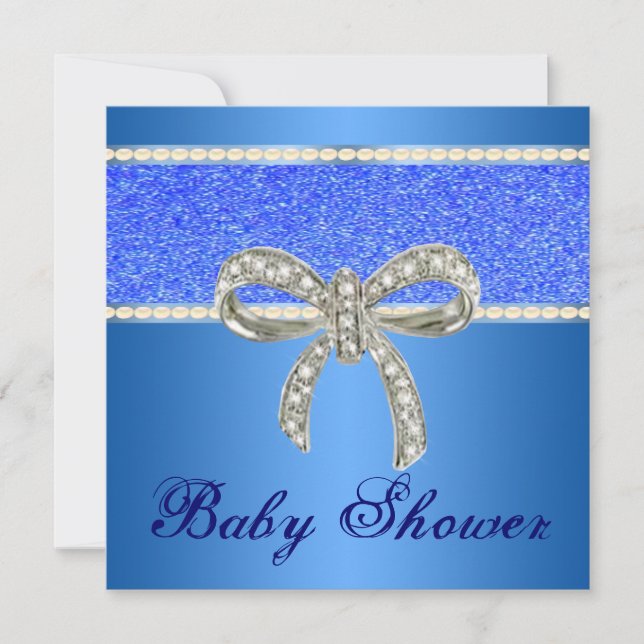 Blue Glitzer Diamond Bow Babydusche Einladung (Vorderseite)