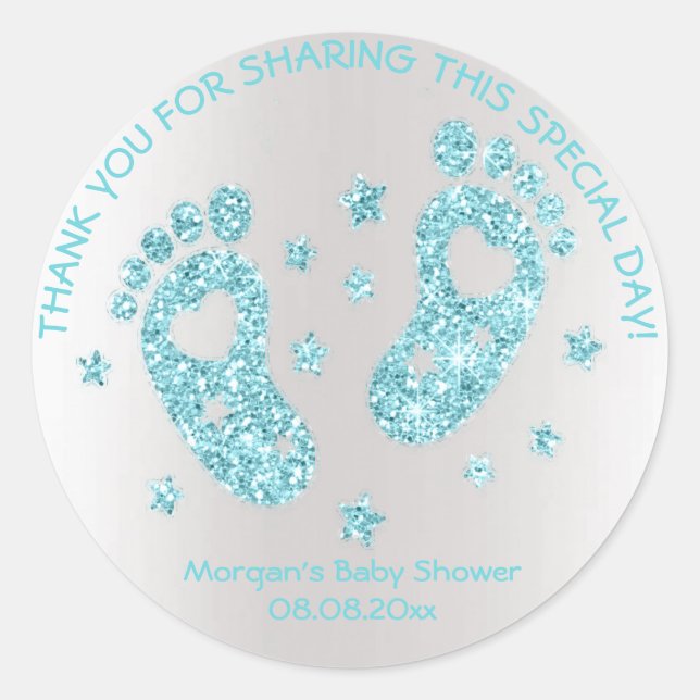 Blue Glitzer Feet Baby Dusche Gefallen Vielen Dank Runder Aufkleber (Vorderseite)