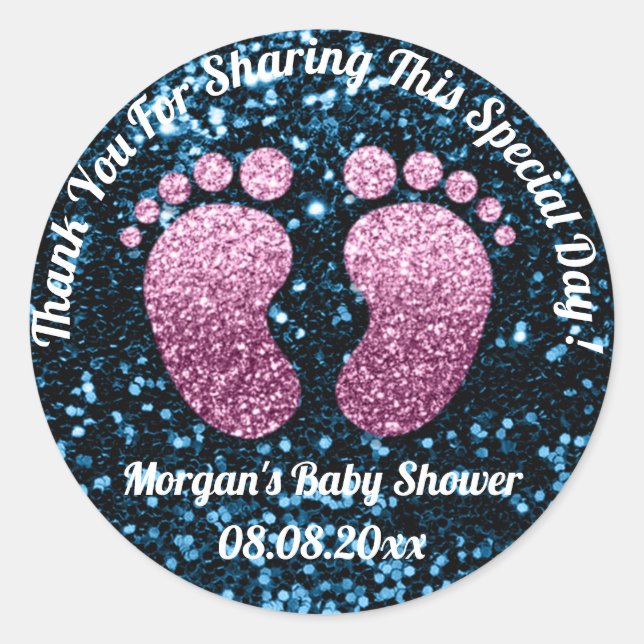 Blue Glitzer Feet Baby Dusche Gefallen Vielen Dank Runder Aufkleber (Vorderseite)