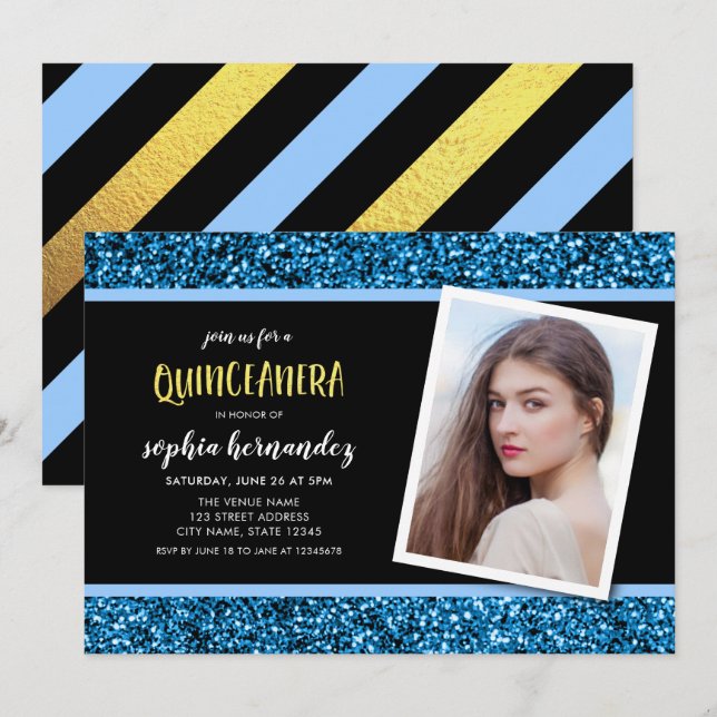 Blue Glitzer Foto Quinceanera Einladung (Vorne/Hinten)