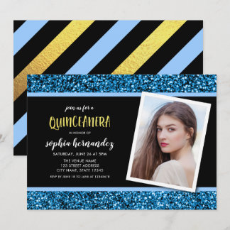 Blue Glitzer Foto Quinceanera Einladung