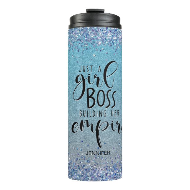 Blue Glitzer Girl Boss Name Gebäude Empire Thermosbecher (Vorderseite)