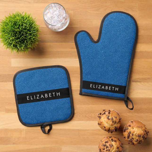 Blue Glitzer, Glitzer Hintergrund, Ihr Name Ofenhandschuh & Topflappen-Set (Oben Unten)