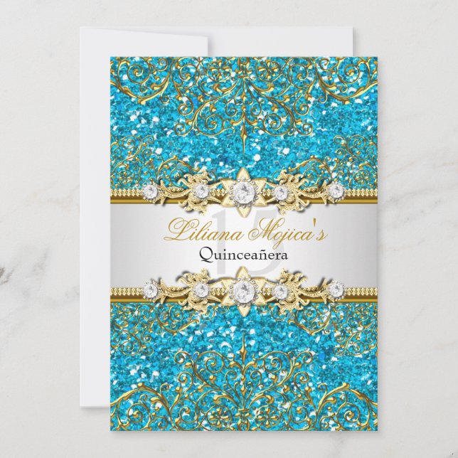 Blue Glitzer & Gold Damask Quinceanera Einladung (Vorderseite)