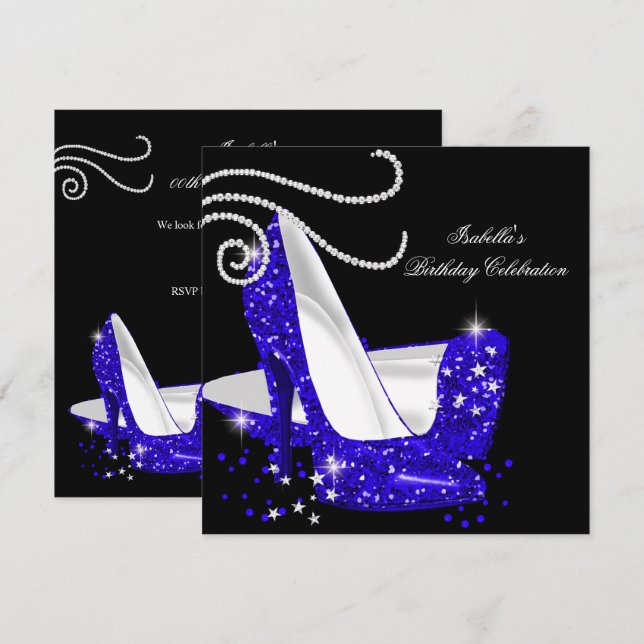 Blue Glitzer High Heels Black Birthday Party Einladung (Vorne/Hinten)