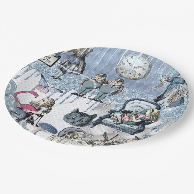 Blue Glitzer Ice Alice im Wunderland Pappteller (Schrägansicht)