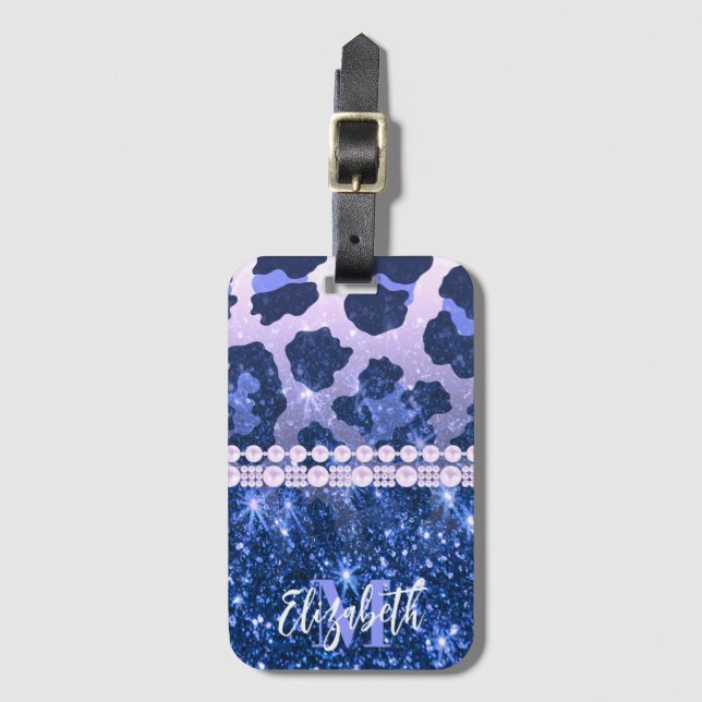 Blue Glitzer Leopard Print Gepäckanhänger (Vorderseite Vertikal)