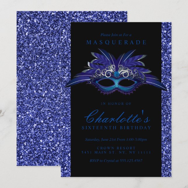 Blue Glitzer Masquerade Party Einladungen (Vorne/Hinten)