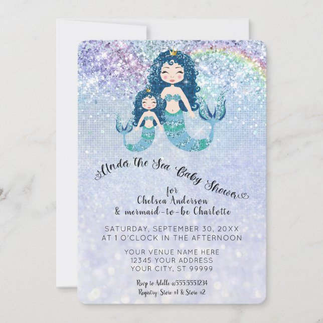 Blue Glitzer Mermaids Under Sea Baby Girl Einladung (Vorderseite)