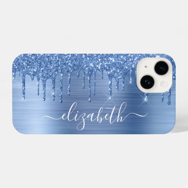 Blue Glitzer Personalisiert iPhone 14 Hülle (Rückseite (Horizontal))