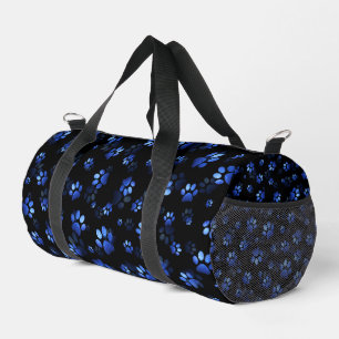 Blue Glitzer Pet Paw-Druck auf schwarzem Hintergru Duffle Bag