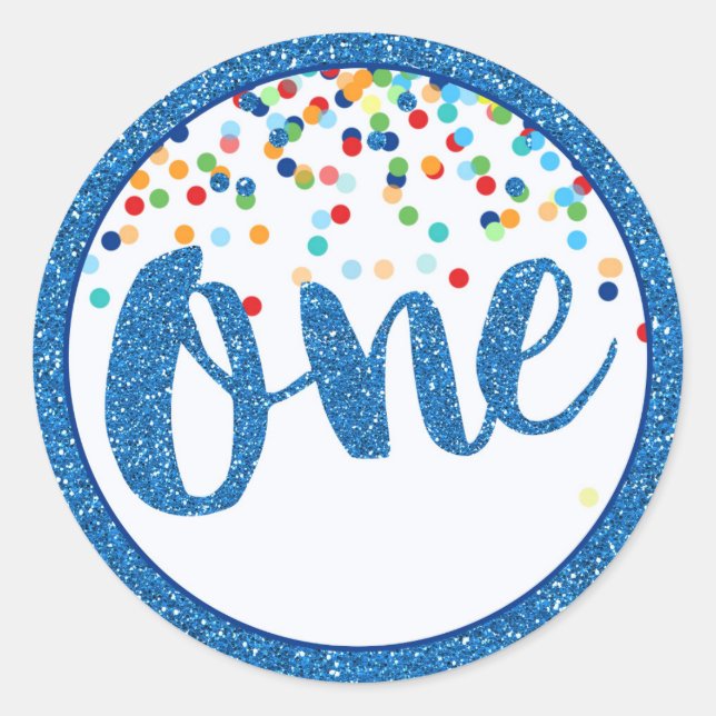 Blue Glitzer Round-Aufkleber zum ersten Geburtstag Runder Aufkleber (Vorderseite)