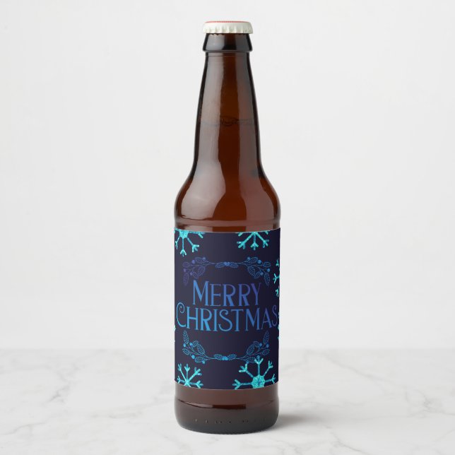 Blue Glitzer Snowflakes Bierflaschenetikett (Vorderseite)